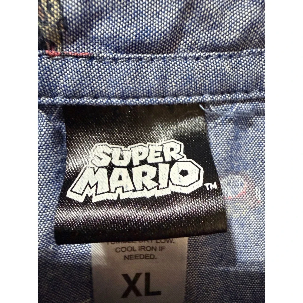 Nintendo Super Mario Bros Mens XL Blue Chambray Short Sleeve Button Down Shirt - Picture 5 of 11